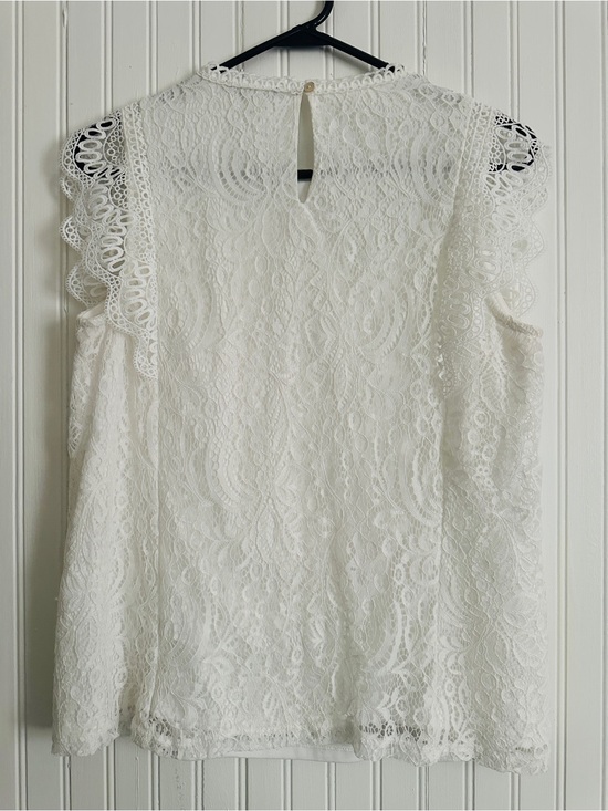 Cable & Gauge Tops - Cable & Gauge White lace blouse with floral embroidery and scalloped edges